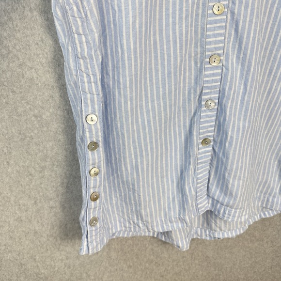 John Mark Linen Top Ruched Sleeve Button Down Tunic M Blue White Striped Coastal - Picture 4 of 9